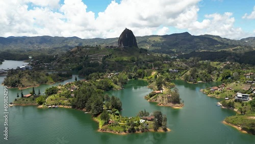 Stunning Aerial View of Guatape (Piedra de Penol) parallax movement, Medellin in Colombia 2023