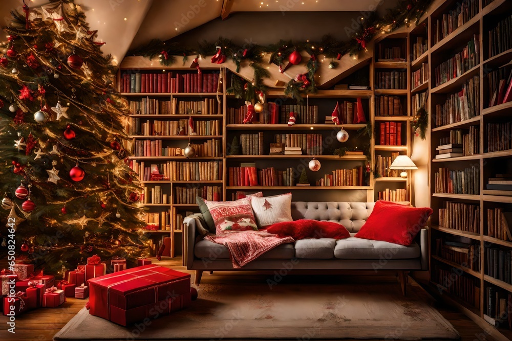 A cozy reading nook with a bookshelf filled with Christmas-themed books.