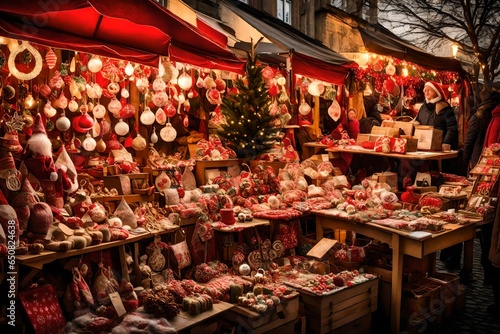 A Christmas market stall selling handmade ornaments and decorations.