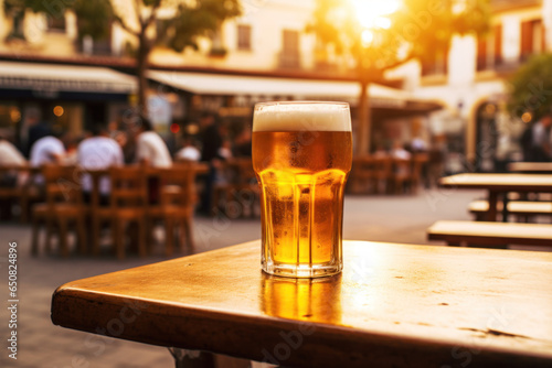 pinte de bière posé sur une table en bois en terrasse d'un bar en été