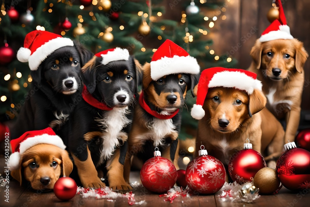 A group of playful puppies wearing Santa hats and playing with ornaments.