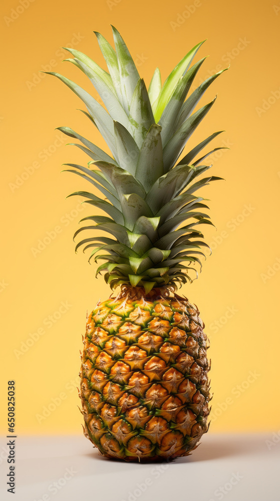 A fresh pineapple sitting on a table against a vibrant yellow background A fresh pineapple sitting on a table against a vibrant yellow background