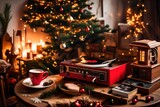 A cozy corner with a vintage record player playing Christmas music and a cup of  cocoa.