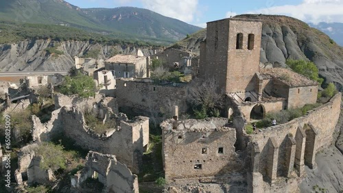 Aerial drone video of a ghost town in Spain named Esco