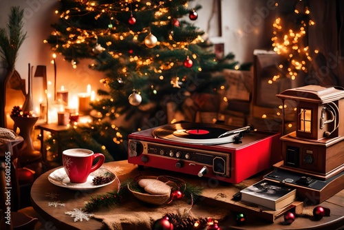A cozy corner with a vintage record player playing Christmas music and a cup of cocoa.