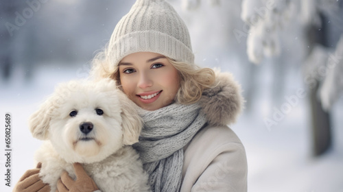 Beautiful young woman with dog in winter park. Girl in warm clothes.