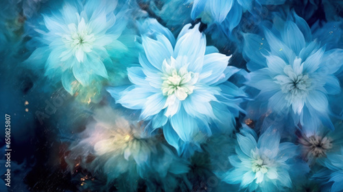 Dahlia flowers in blue and white colors, abstract background