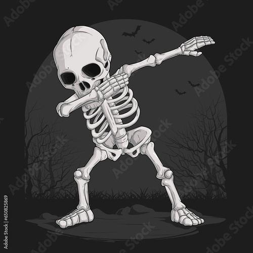 Hand drawn funny Skeleton doing dabbing dance, Human skull character dancing doing dab movement