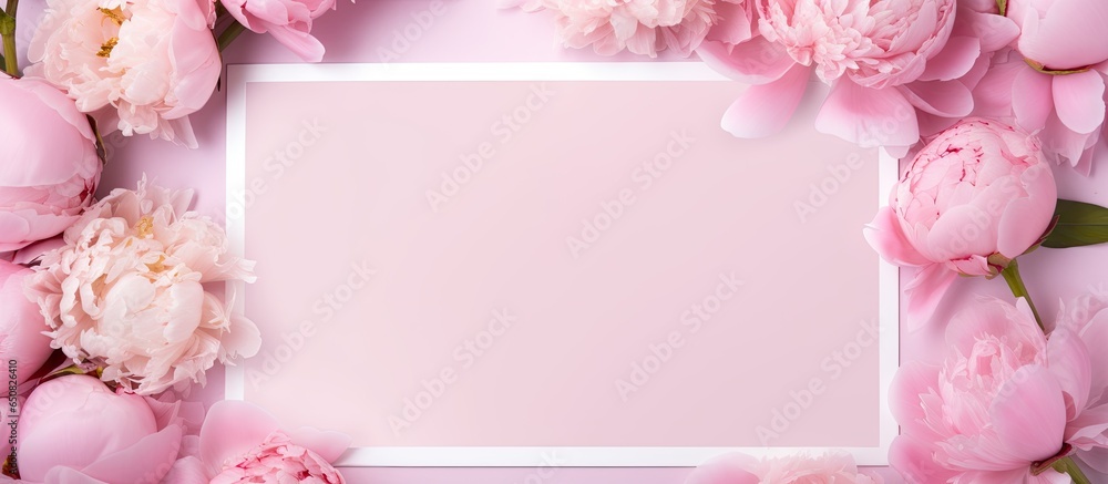 Pink peonies flower wreath on pink background top view copy space Valentine s Day Mother s Day template