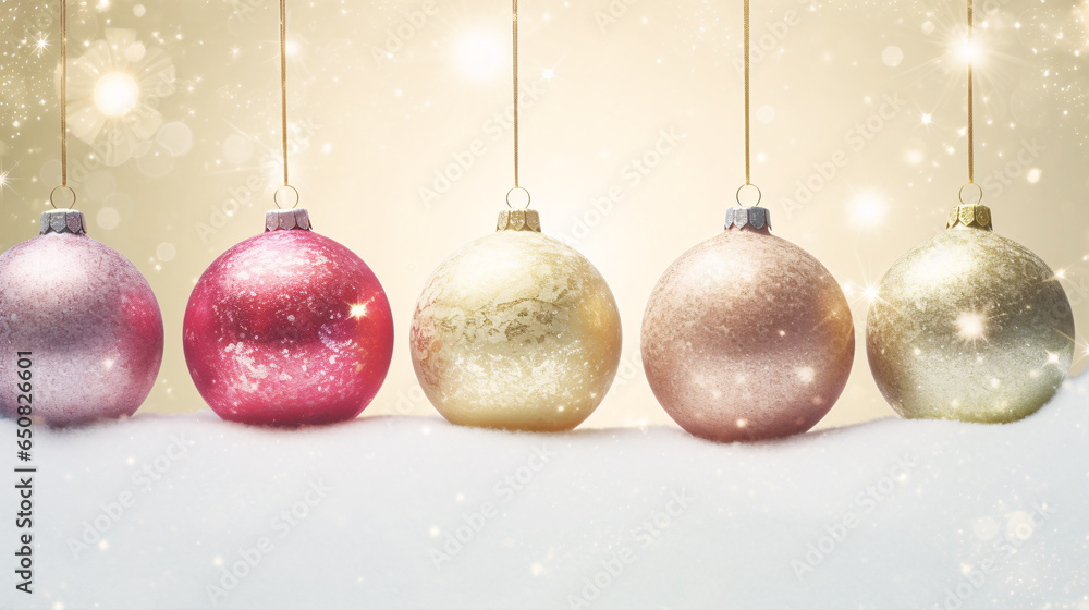 Sparkling Christmas ornaments Christmas balls on a snowy background. Copy space. Sparkling Christmas ornaments Christmas balls on a snowy background. Copy space.