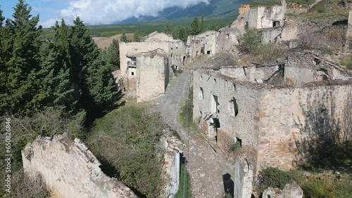 Aerial drone video of a ghost town in Spain named Esco
