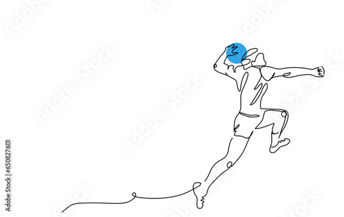 Handball player throws the ball. One continuous line art drawing of handball player in jump