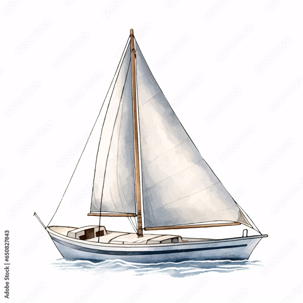 A delicately painted watercolor image of a sailboat, lovingly created by hand, stands alone against a backdrop