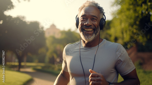 A senior male athlete, filled with motivation for fitness, enjoys his outdoor run in the park, showcasing the benefits of healthy exercise with a radiant smile and a mockup..