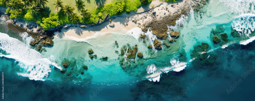 Drone shot of a remote tropical island, featuring turquoise waters, palm-fringed beaches, and coral reefs from above - obrazy, fototapety, plakaty 