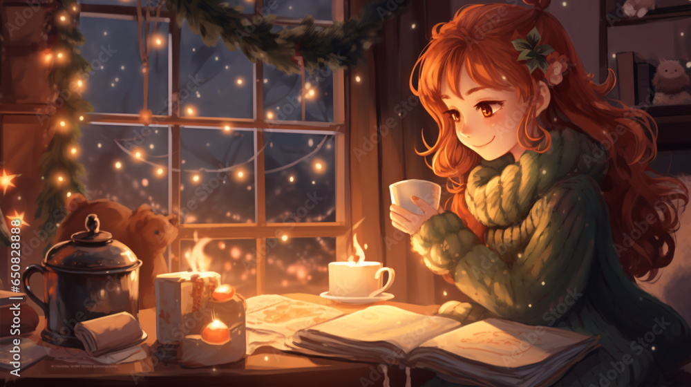 In a cozy living room, an adorable anime girl with bright red hair and green eyes is sitting by the fireplace, wearing a cozy sweater and holding a cup of hot cocoa