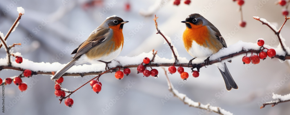 Pair of red-breasted robins perched on a snow-covered tree branch Pair of red-breasted robins perched on a snow-covered tree branch