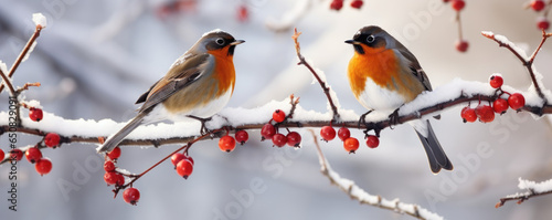Pair of red-breasted robins perched on a snow-covered tree branch © thejokercze