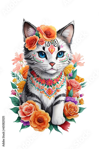Cute Cat with sugar skull makeup, Day of the Dead "Dia de los Muertos" Frame of marigold flowers and butterflies transparent background