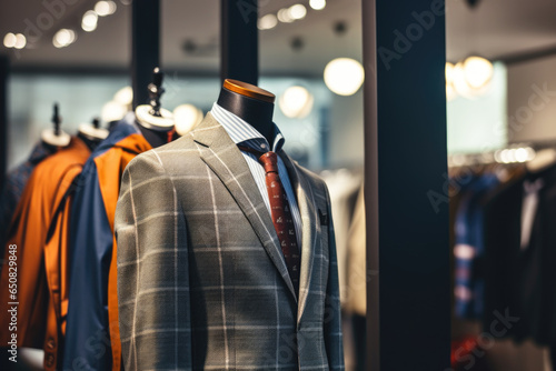 Fashionable and stylish men's clothes on a manikin in a clothing store