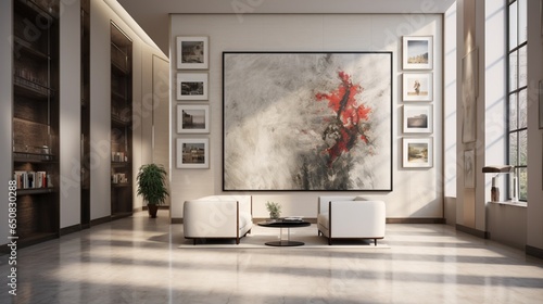 A contemporary galery room with fine honed marble walls is adorned with a blank poster frame. photo