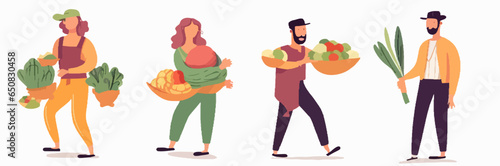 Graphics showing people carrying containers or baskets of homegrown vegetables from community garden plots