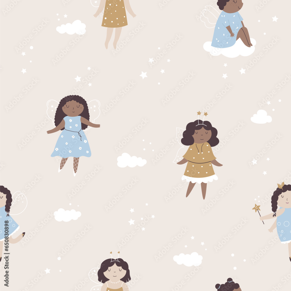 Seamless pattern with cute fairy girl in pretty dresses Seamless pattern with cute fairy girl in pretty dresses