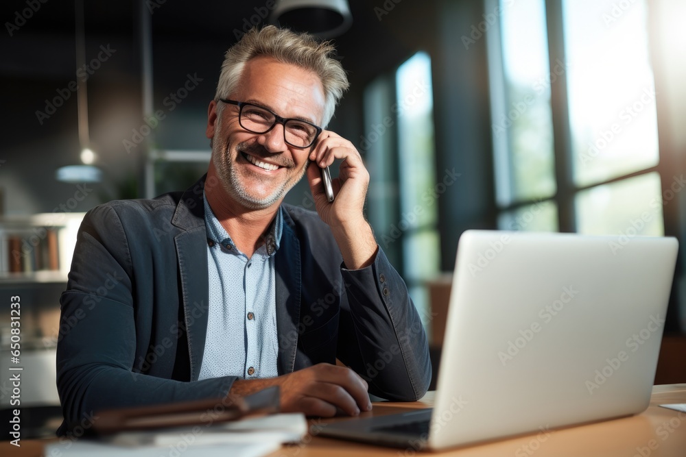 Happy busy older mid aged business man professional expert or entrepreneur making phone call speaking with client communicating cellphone using laptop computer sitting desk in office - Generative AI Happy busy older mid aged business man professional expert or entrepreneur making phone call speaking with client communicating cellphone using laptop computer sitting desk in office - Generative AI