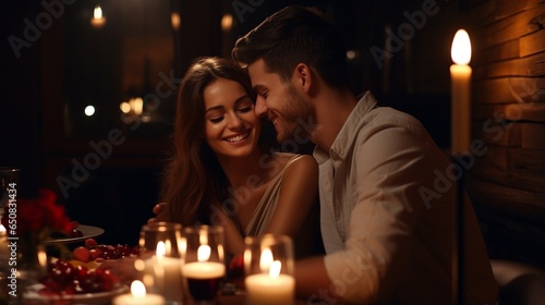 Happy young couple in love hugging each other and drinking wine on the anniversary dating night  romantic dim light  decent dinner  with copy space  great for Valentine s night  dating night.