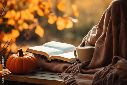 Cozy scene with warm scarf, pumpkin spice latte and book on a crisp autumn day photo