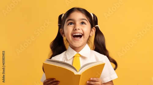 funny smiling Indian child school girl holding books in her hand and reading or singing aloud, isolated on yellow background, with copy space.