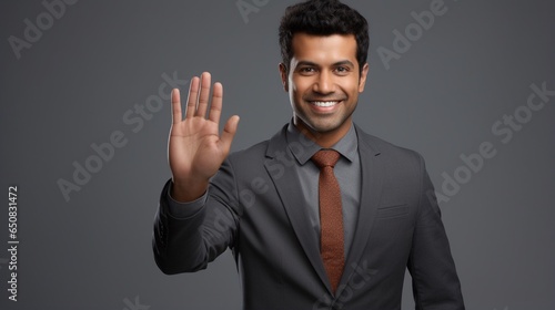 Confident smiling business man investor in decent business suit with right hand up isolated on gray background with copy space, gesture of say Hi, waving hand, Hi five, saying goodbye and taking oath photo
