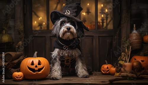 Photo of a cute dog wearing a hat and posing next to pumpkins for halloween