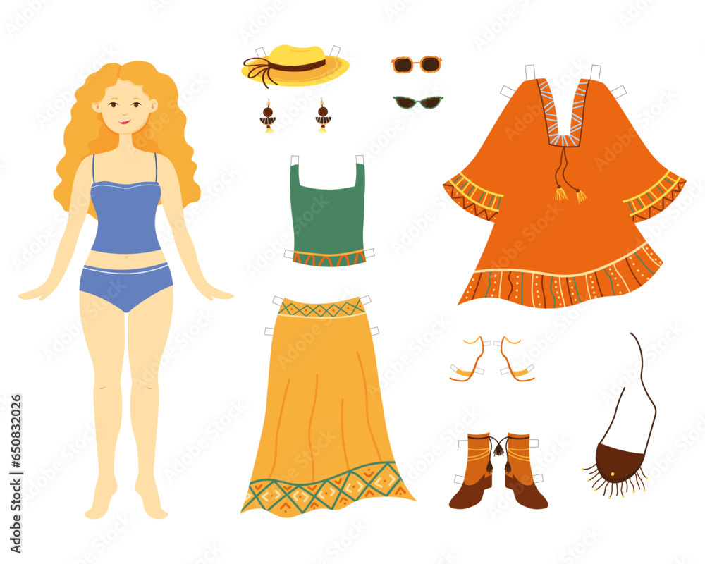 Boho style paper doll with set of clothes and accessories. Vector paper doll illustration ...