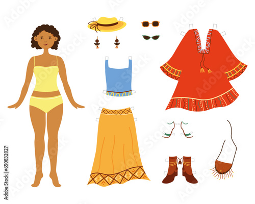 Cute Paper doll with set of clothes and accessories.  Vector boho style paper doll illustration. Printable vector paper doll