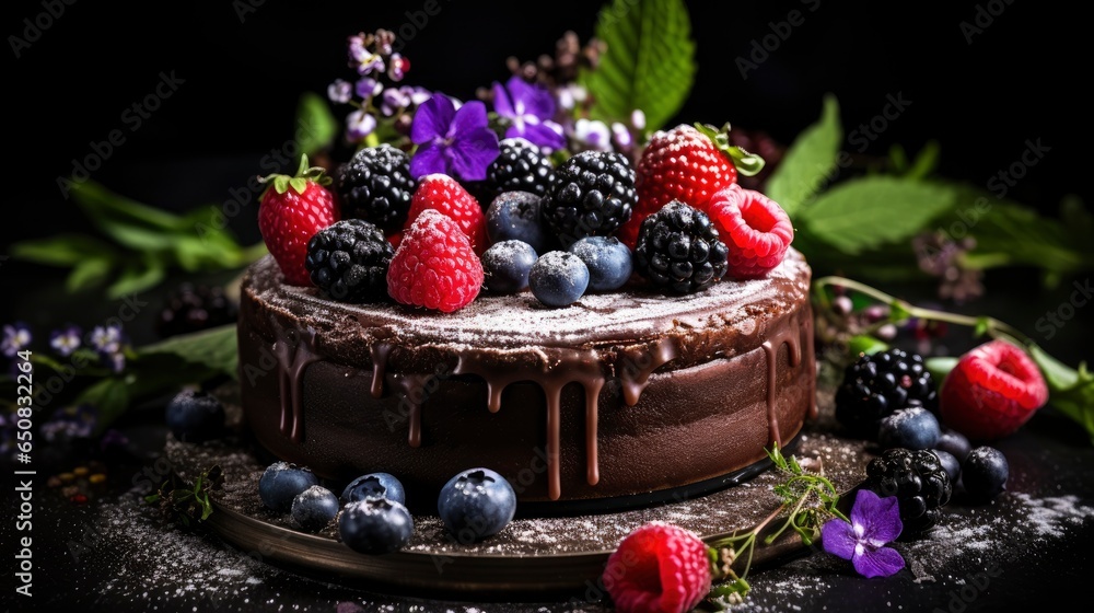 A homemade chocolate cheesecake with raspberry and berry fruit decoration, Generative AI A homemade chocolate cheesecake with raspberry and berry fruit decoration, Generative AI