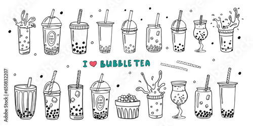 Big set of hand drawn bubble tea theme elements and lettering in doodle style. Boba milk tea, pearl milk tea and yummy drinks banner.  Tea with tapioca splashing liquid. Cute vector illustration 