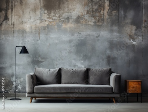 grey sofa in living room in industrial style design with grey background can be use for wallpaper, news, mockup, copy space
