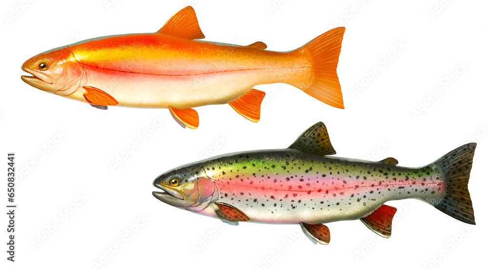 Set albino amber lake trout. Rainbow trout fish side view illustration isolate realistic on white background. Set albino amber lake trout. Rainbow trout fish side view illustration isolate realistic on white background.