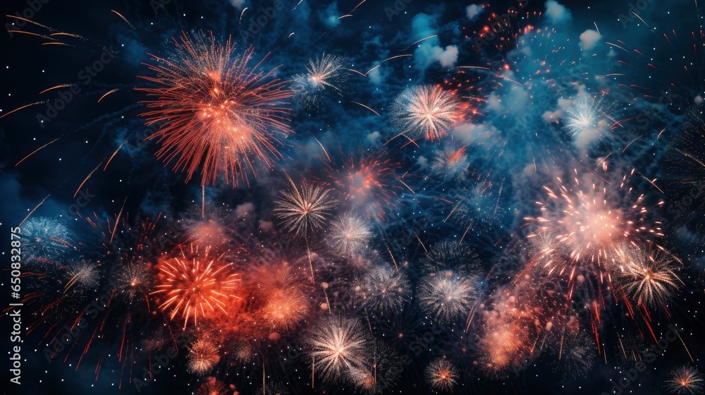 Fototapeta premium Fireworks at New Year in the night sky, Generative AI