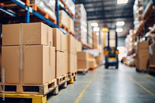 Retail warehouse full of shelves with goods in cartons, with pallets and forklifts. Logistics and transportation blurred background. Product distribution center - Generative AI