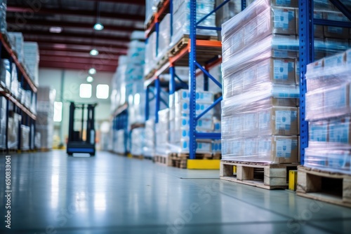 Retail warehouse full of shelves with goods in cartons, with pallets and forklifts. Logistics and transportation blurred background. Product distribution center - Generative AI