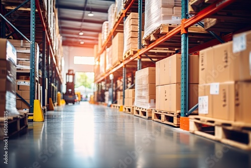 Retail warehouse full of shelves with goods in cartons, with pallets and forklifts. Logistics and transportation blurred background. Product distribution center - Generative AI