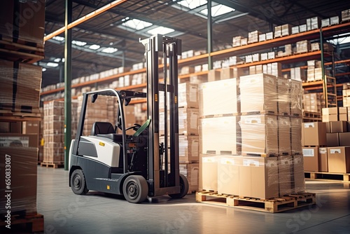 Retail warehouse full of shelves with goods in cartons, with pallets and forklifts. Logistics and transportation blurred background. Product distribution center - Generative AI