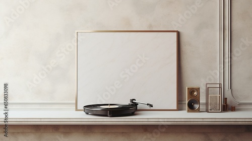 A Mockup poster blank frame, hanging on marble wall, above vintage record player, Retro vinyl lounge