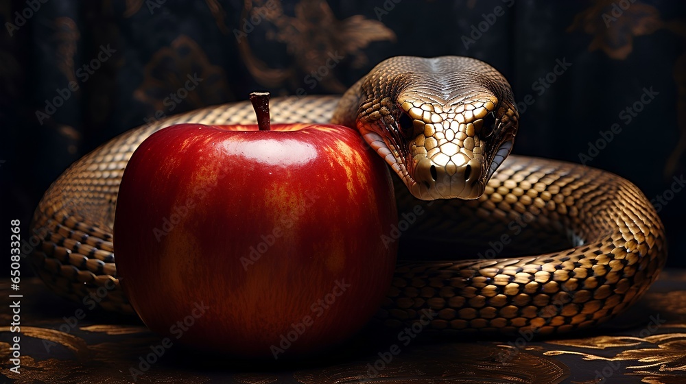 The tempter serpent and the forbidden fruit, biblical illustration. - obrazy, fototapety, plakaty 