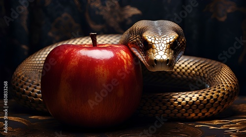 The tempter serpent and the forbidden fruit, biblical illustration. photo