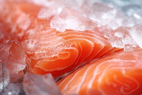 Fototapete Fresh salmon meat on ice. Generative Ai