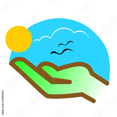 Icon dedicated to sustainability represented with a hand holding a sunrise	