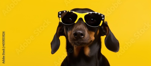 Front facing portrait of a stylish dachshund wearing star shaped glasses sitting on a yellow background Ideal for advertising © AkuAku